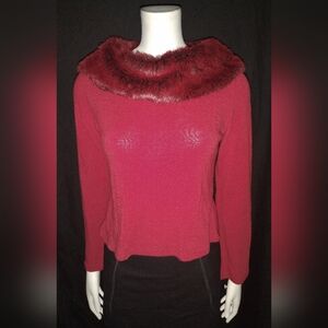 "2 Best" Vintage Red Sweater w/Faux Fur Collar